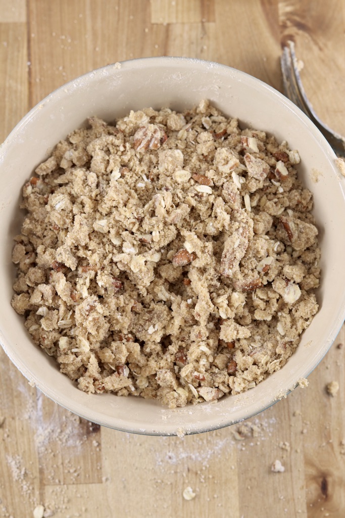 Bowl of crisp topping for pumpkin dessert