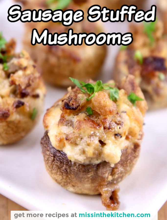 Sausage Stuffed Mushrooms on a plate - text overlay for pinterest