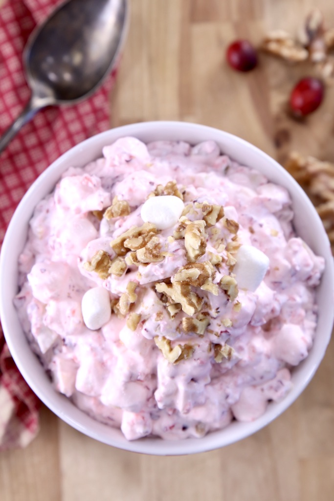Cranberry Fluff Dessert Salad -overhead view close up of bowl