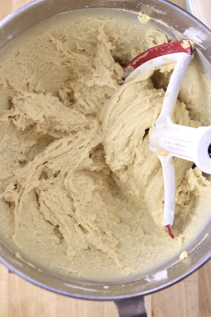 Beater blade in bread dough bowl wth dough