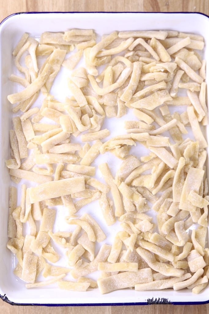 homestyle noodles on a white tray