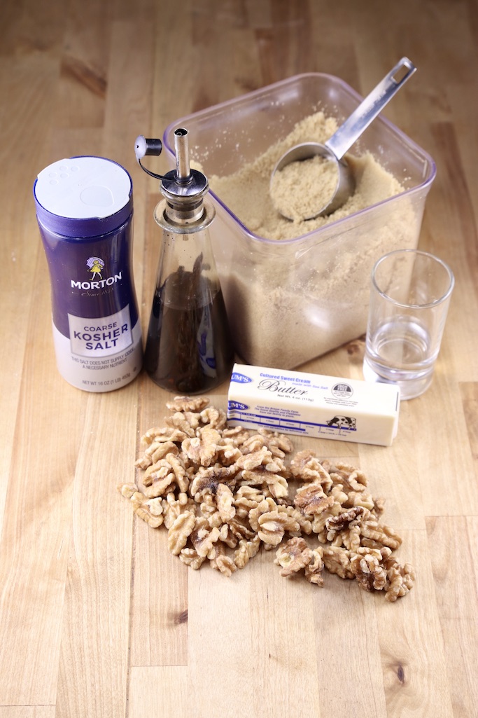 Ingredients for candied walnuts salt, vanilla, brown sugar, butter, walnuts