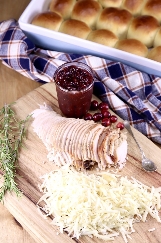 Hawaiian Rolls, Cranberry BBQ Sauce, shredded cheese, sliced smoked turkey for making sliders