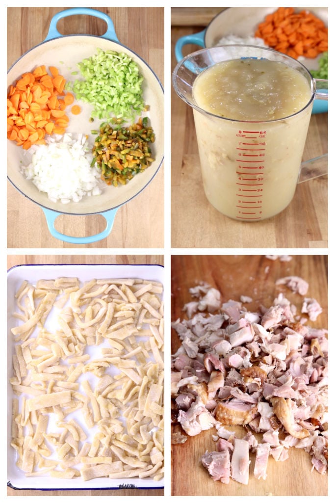 ingredients collage for turkey noodle soup - vegetables in pan, stock, noodles, chopped turkey