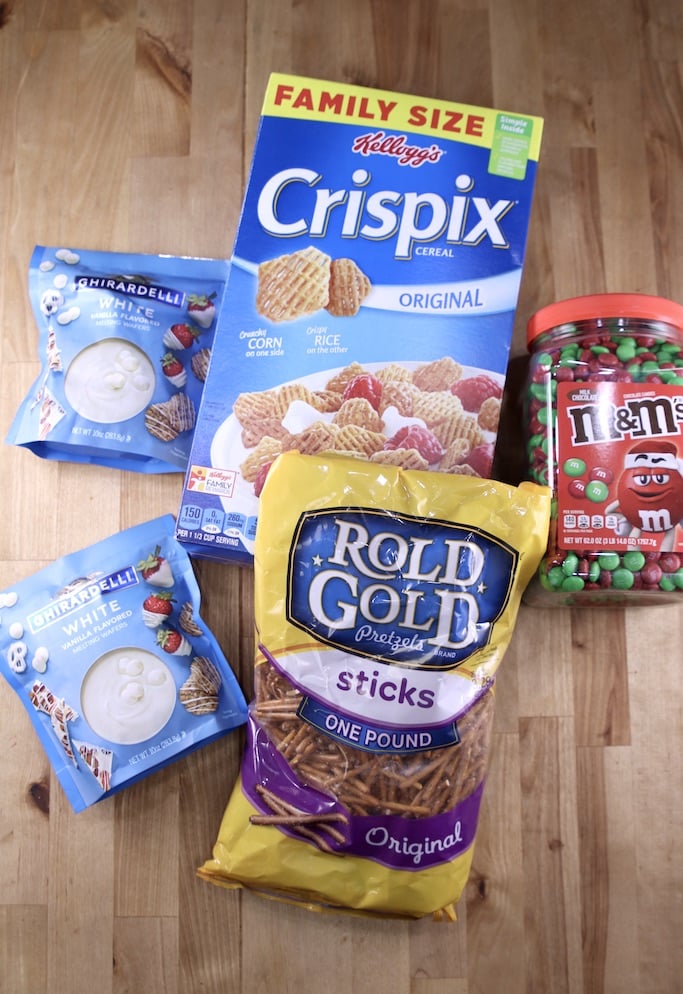 Ingredients for White Trash - Crispix cereal, pretzels, M&M's White Melting Wafers Ingredients for White Trash Snack Mix