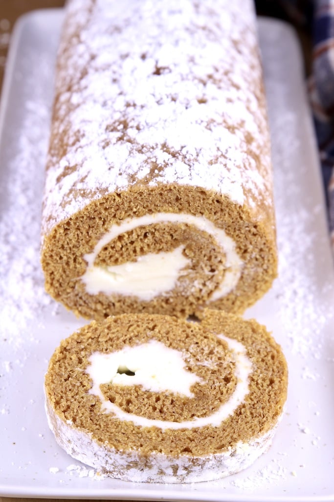 Close up of pumpkin cream cheese cake roll