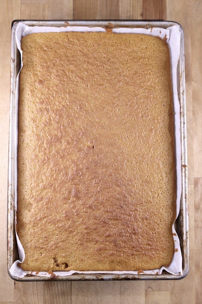 Pumpkin Cake baked in a jelly roll pan