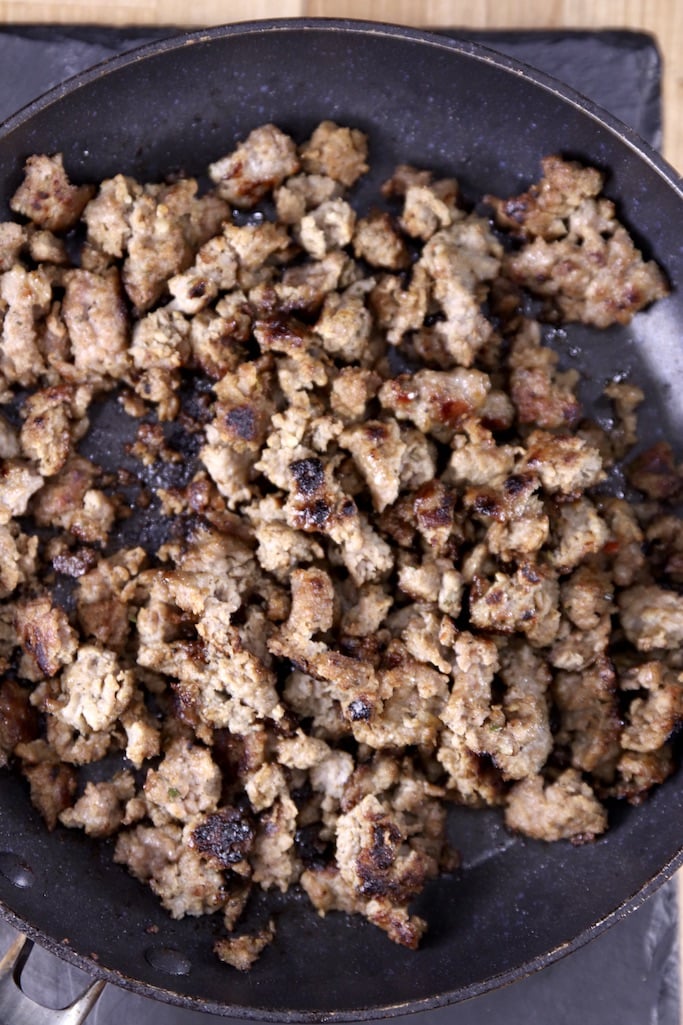 Browned sausage in a skillet