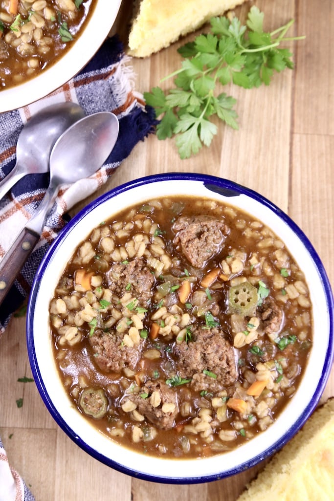 Smoked Sausage Barley sou in a bowl