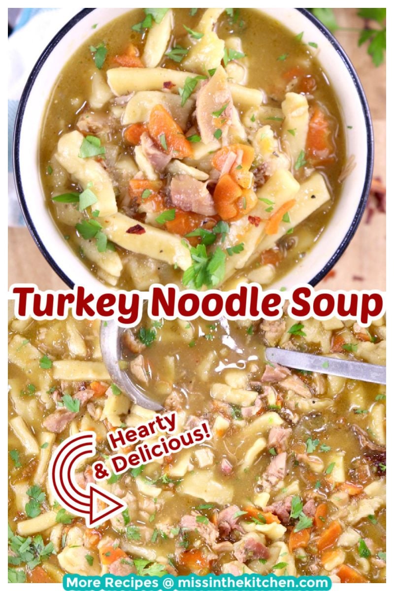 Collage turkey noodle soup bowl and photo of pan