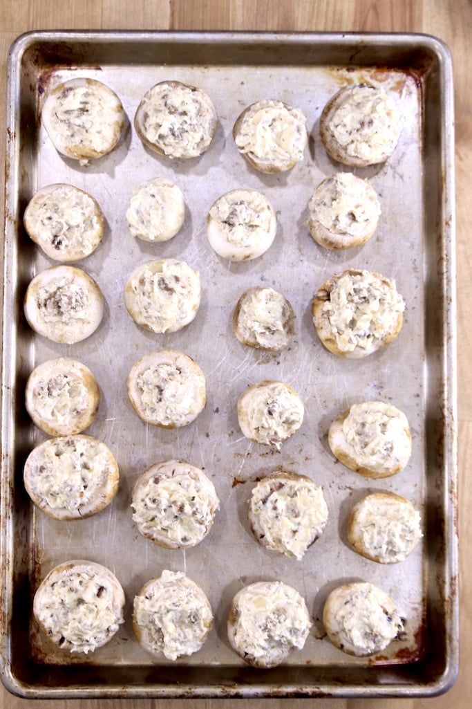 baking sheet filled with stuffed mushrooms