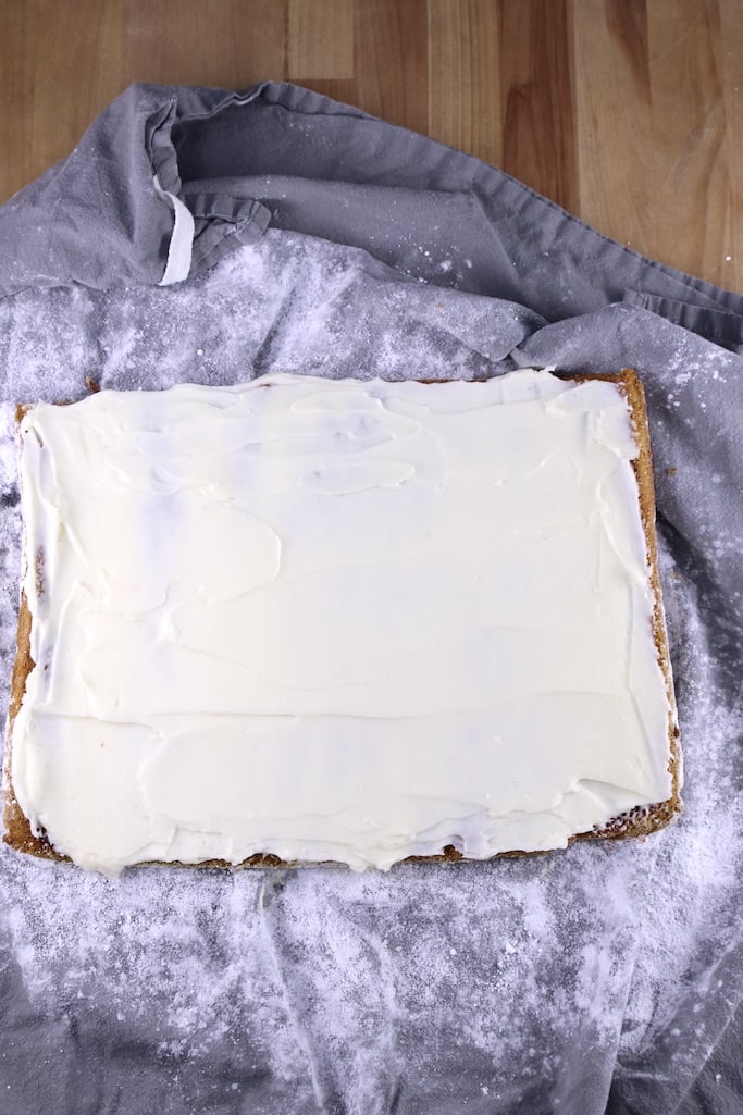 pumpkin cake spread with cream cheese icing