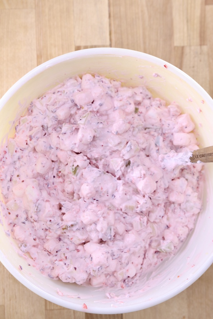 large bowl of cranberry fluff dessert salad