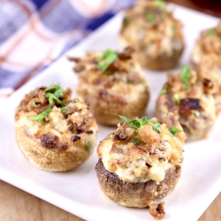 Sausage Stuffed Mushrooms on a platterAir Fryer Sausage Stuffed Mushrooms on a platter