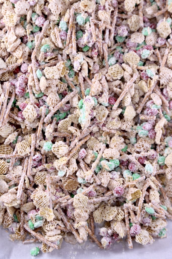 White chocolate junk mix with pretzels and M&M's