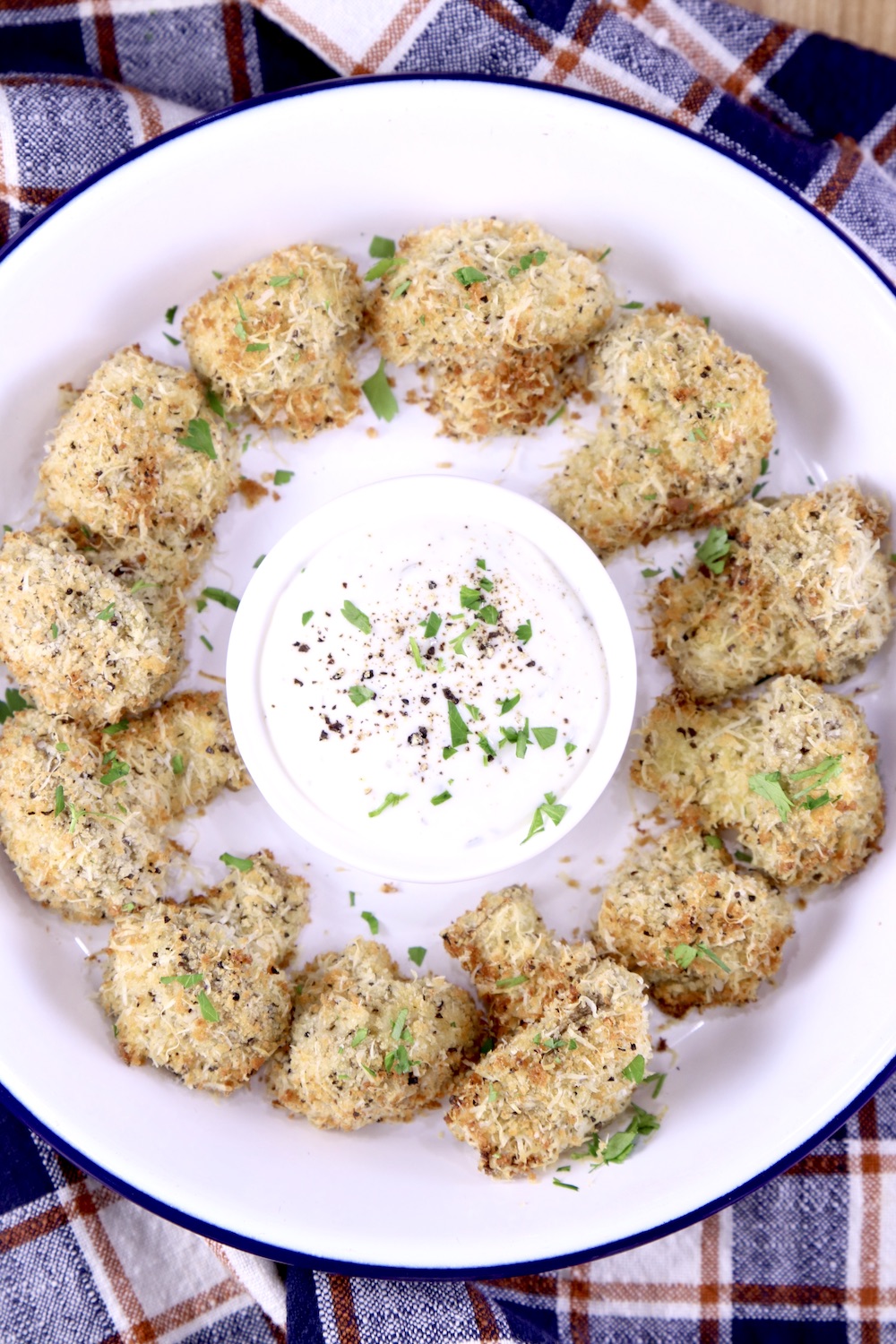 Platter of air fryer mushrooms with ranch dressing