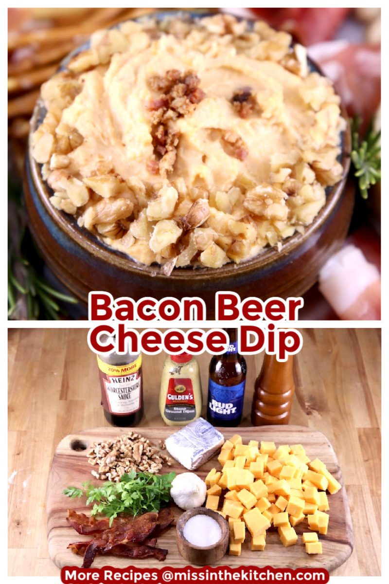 Bacon Beer Cheese Dip Collage bowlful over ingredients shot