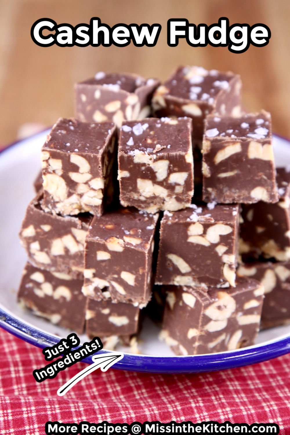 Cashew Fudge piled on a small plate, with text overlay