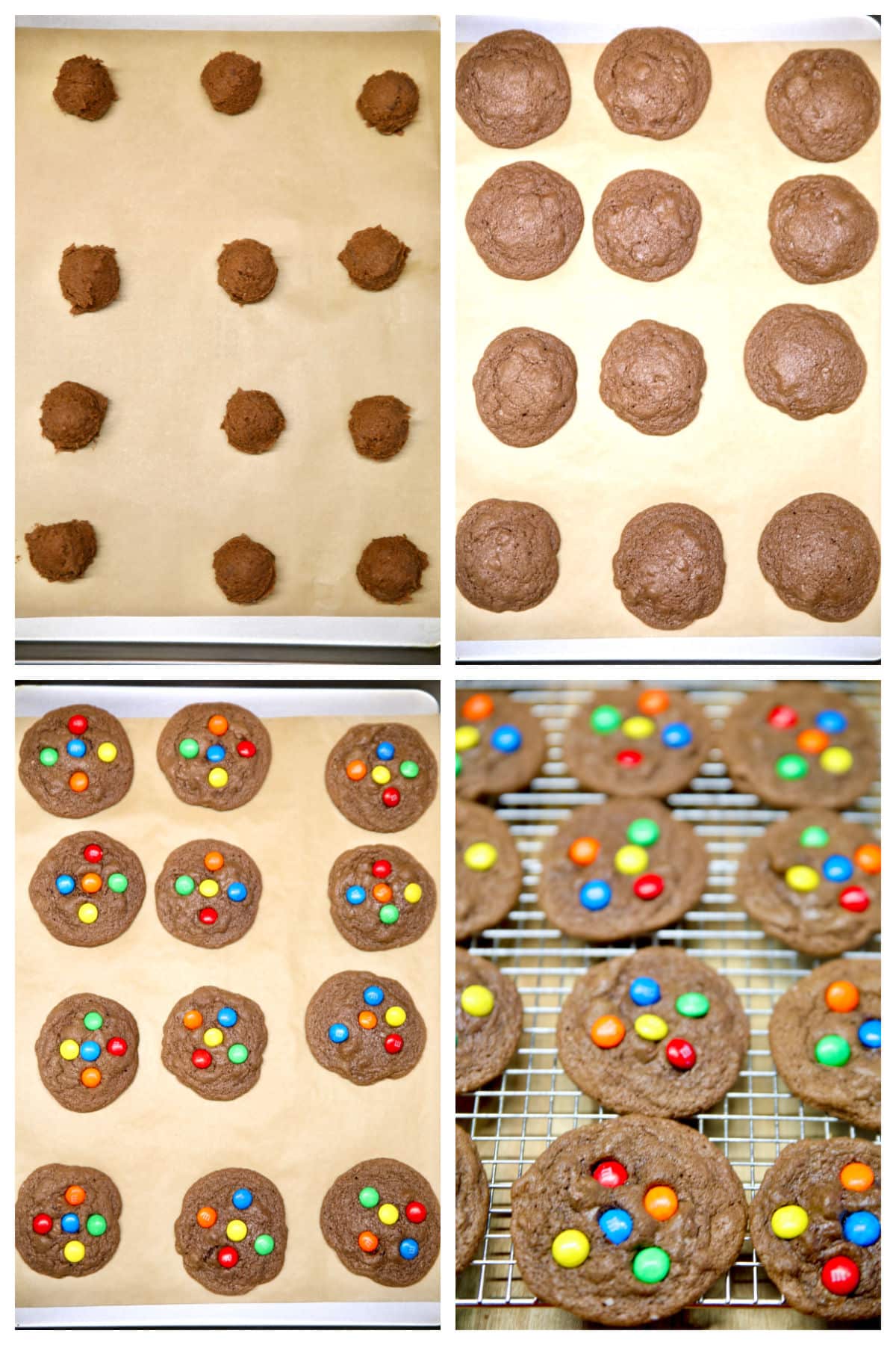 Collage baking chocolate cookie dough, adding m&ms candies.