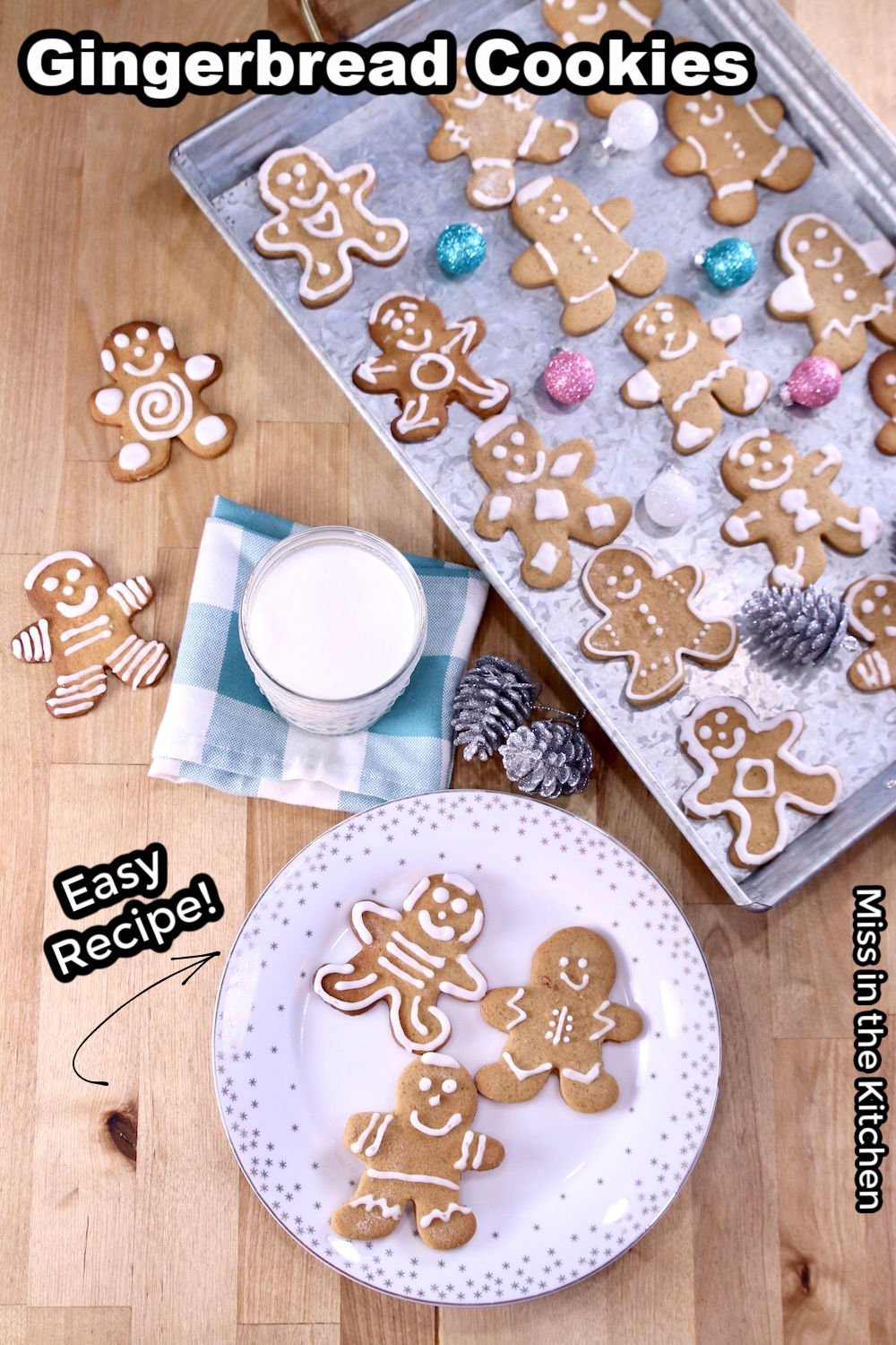Gingerbread Cookies on a plate and on a tray with Christmas decorations, text overlay