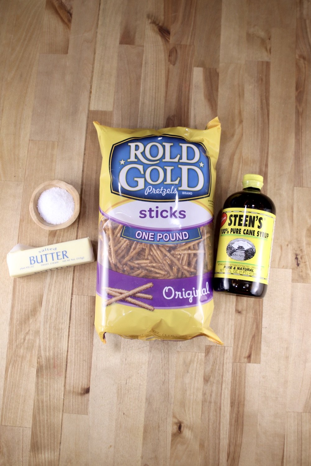 Bag of pretzels, Steen's Pure Cane Syrup, Butter & Salt