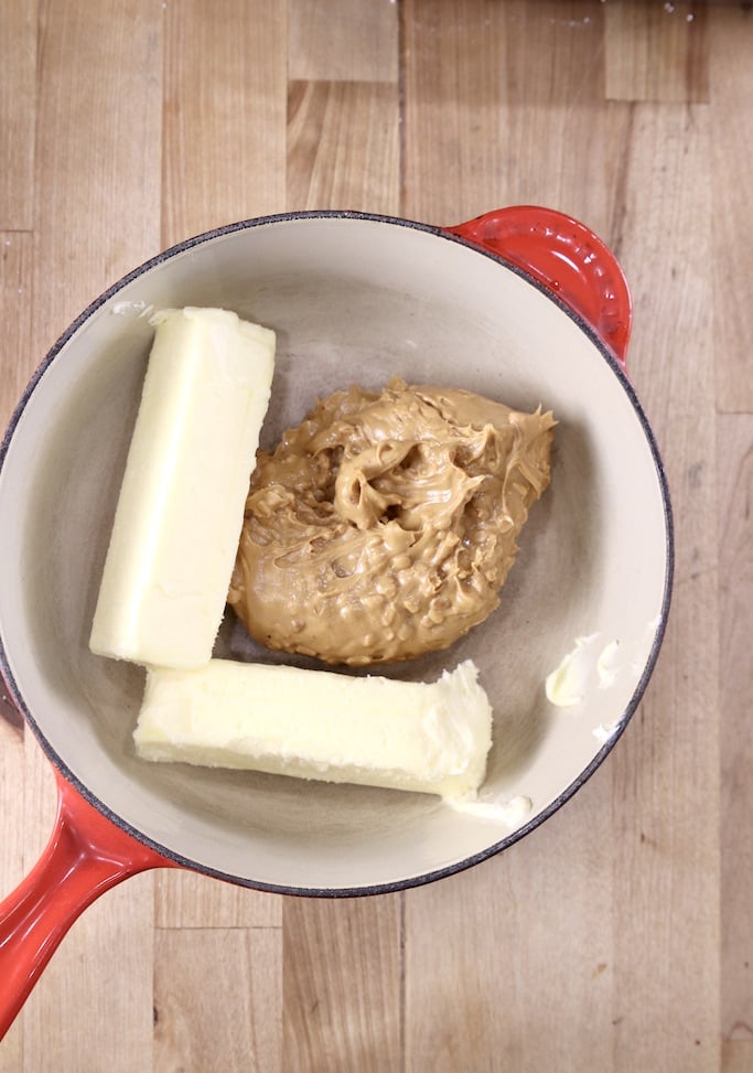 2 sticks of butter with peanut butter in a sauce pan