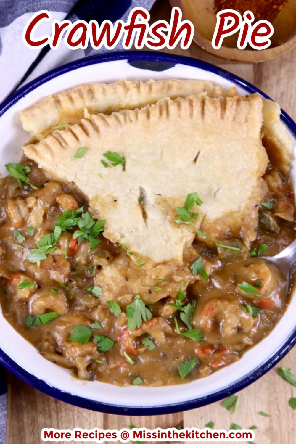 Bowl with crawfish pie - text overlay