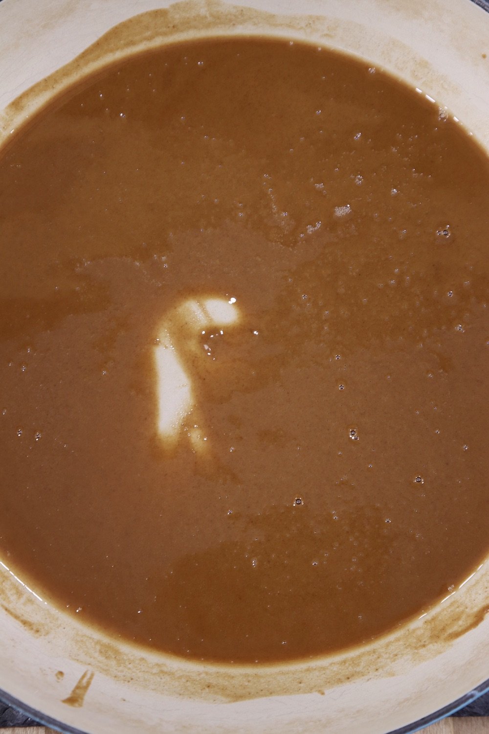 Pan with dark roux for making crawfish pie