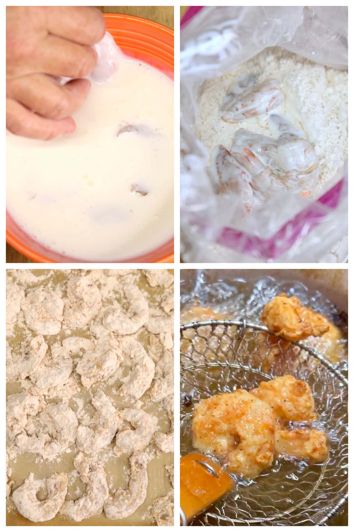 Collage battering shrimp and deep frying.