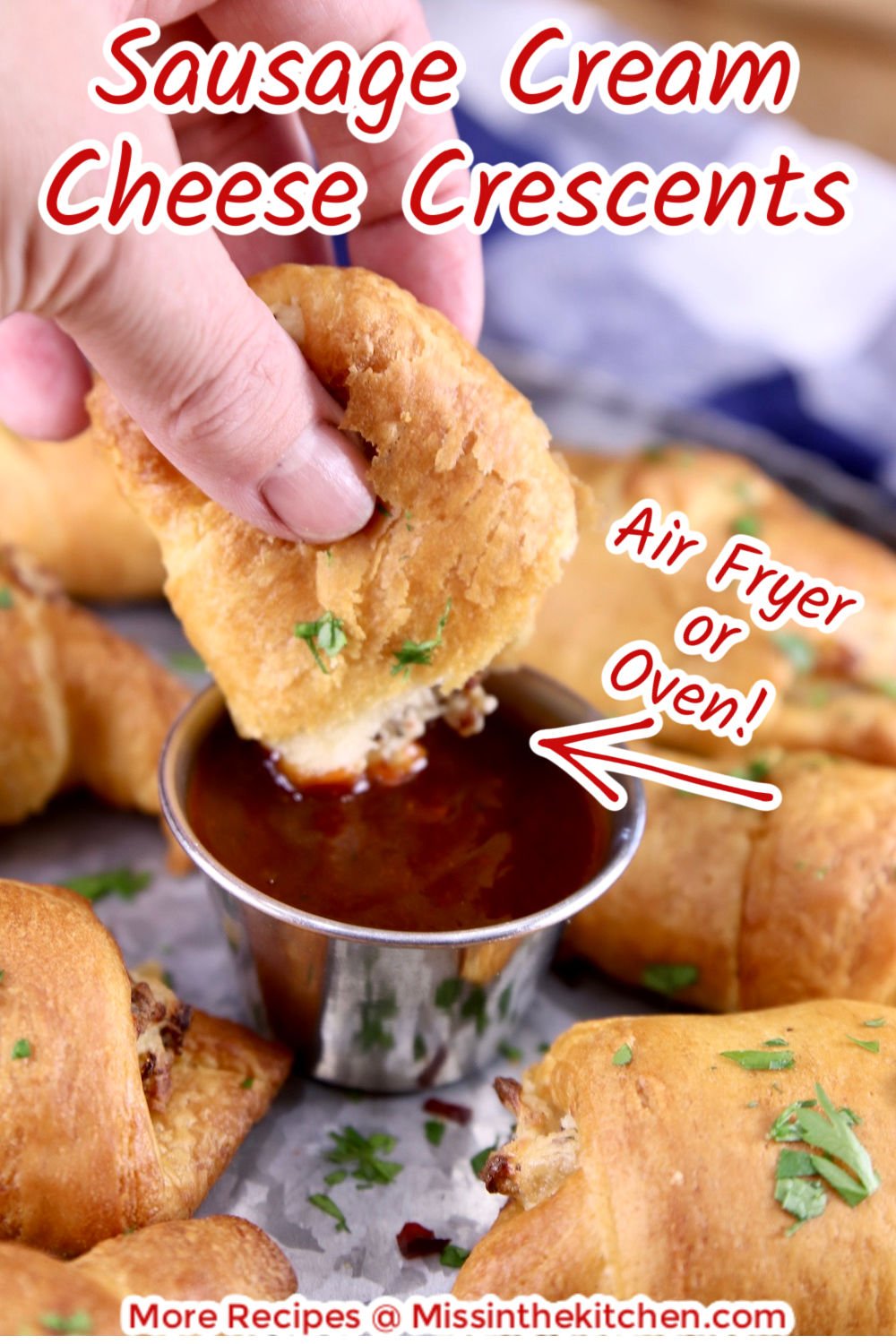 Sausage Cream Cheese Crescent dipping in bbq sauce with text overlay