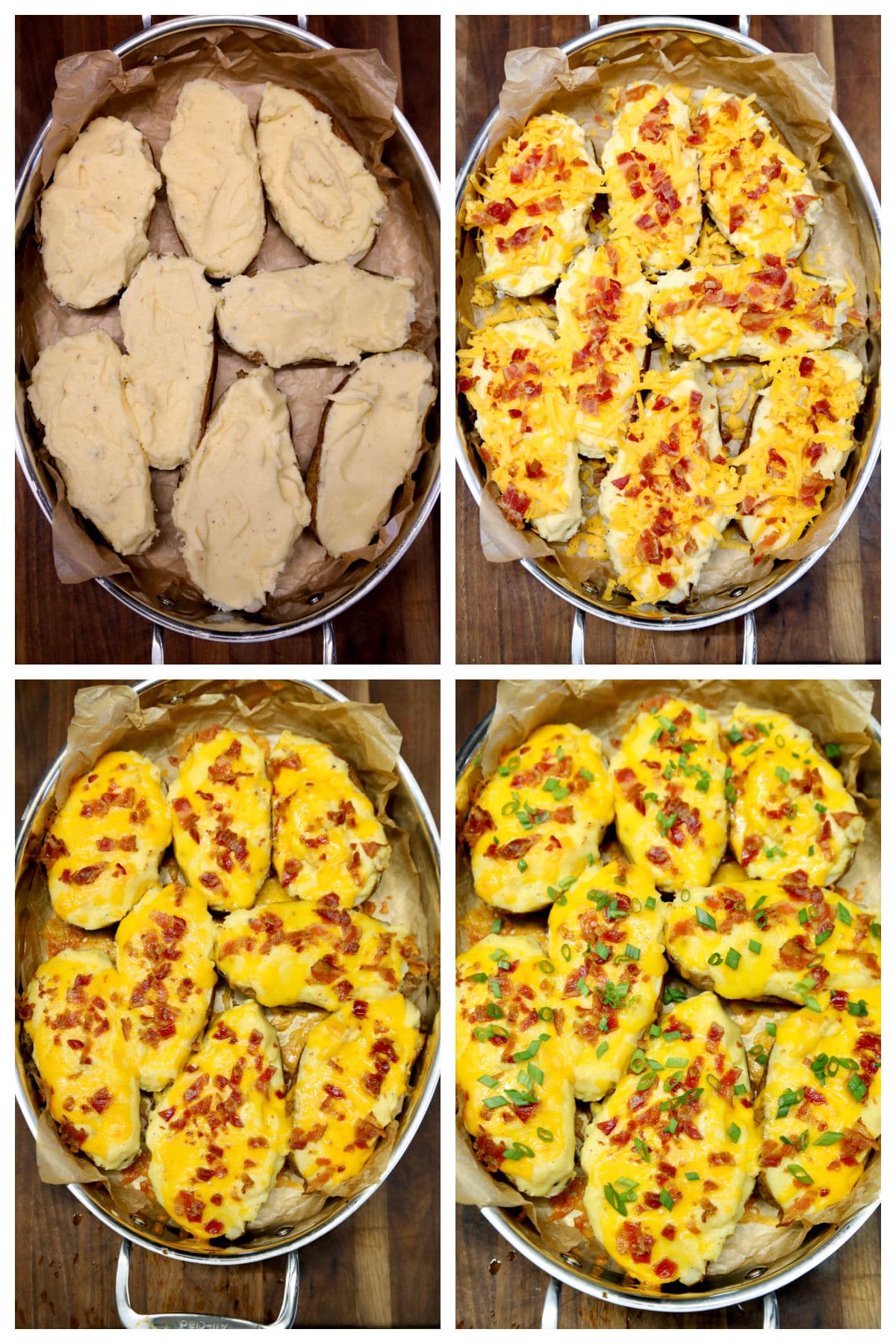 Collage making bacon, cheese loaded potatoes side dish.