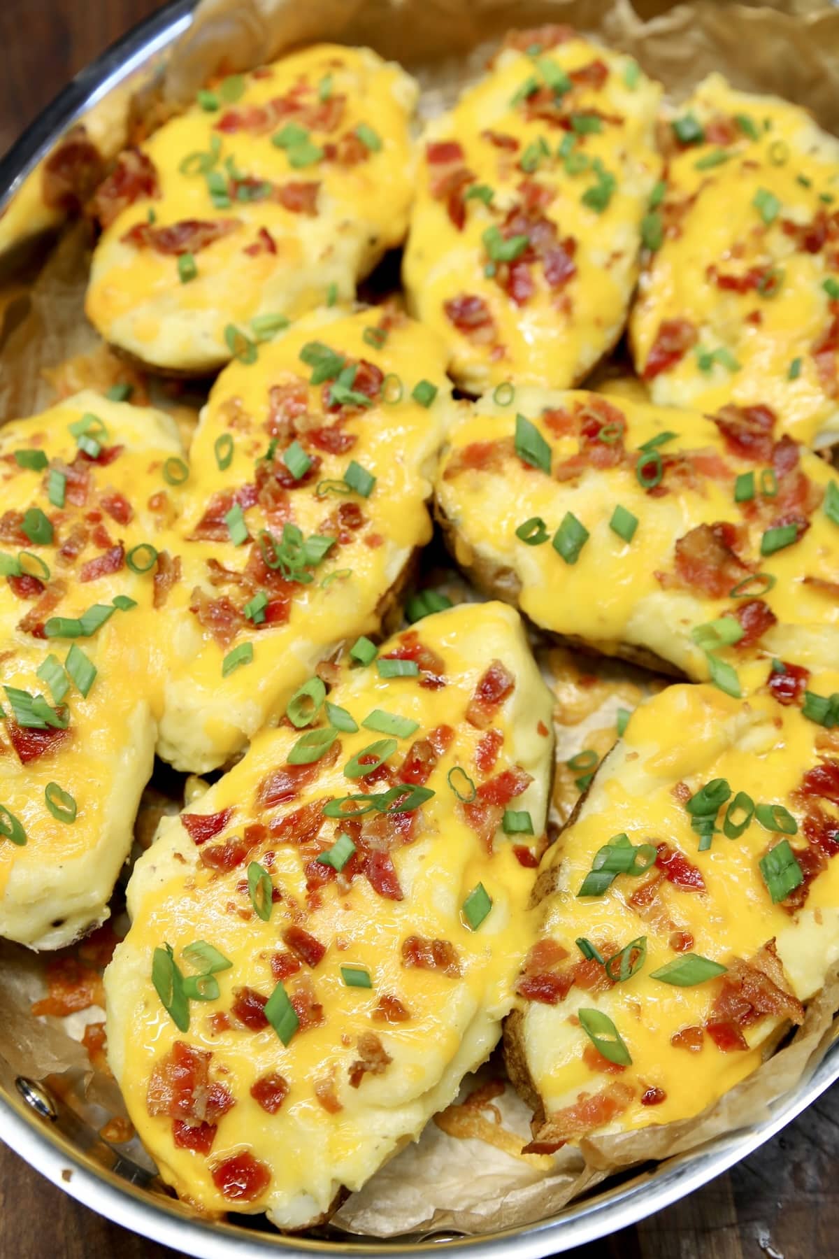 Casserole dish filled with stuffed potatoes side dish.