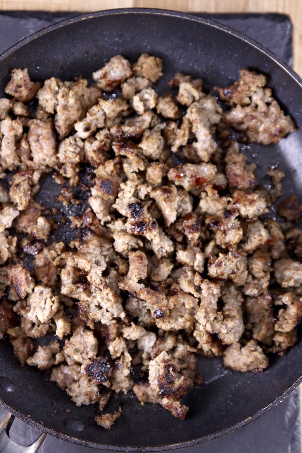 browned breakfast sausage in a skillet