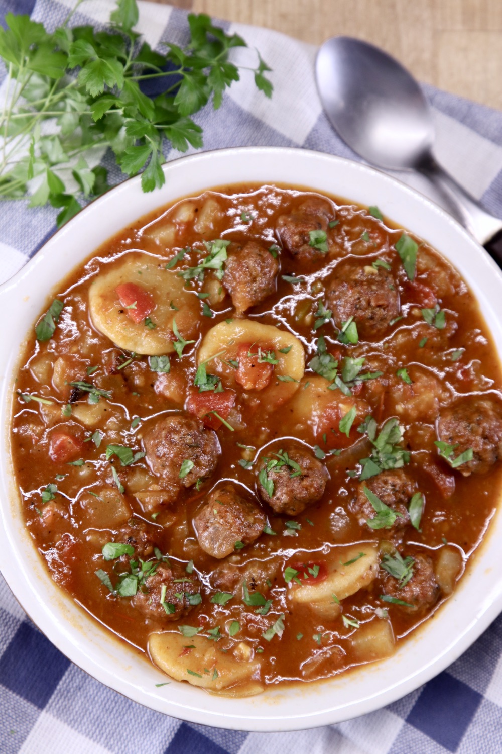 Meatball soup - overhead view of bowl
