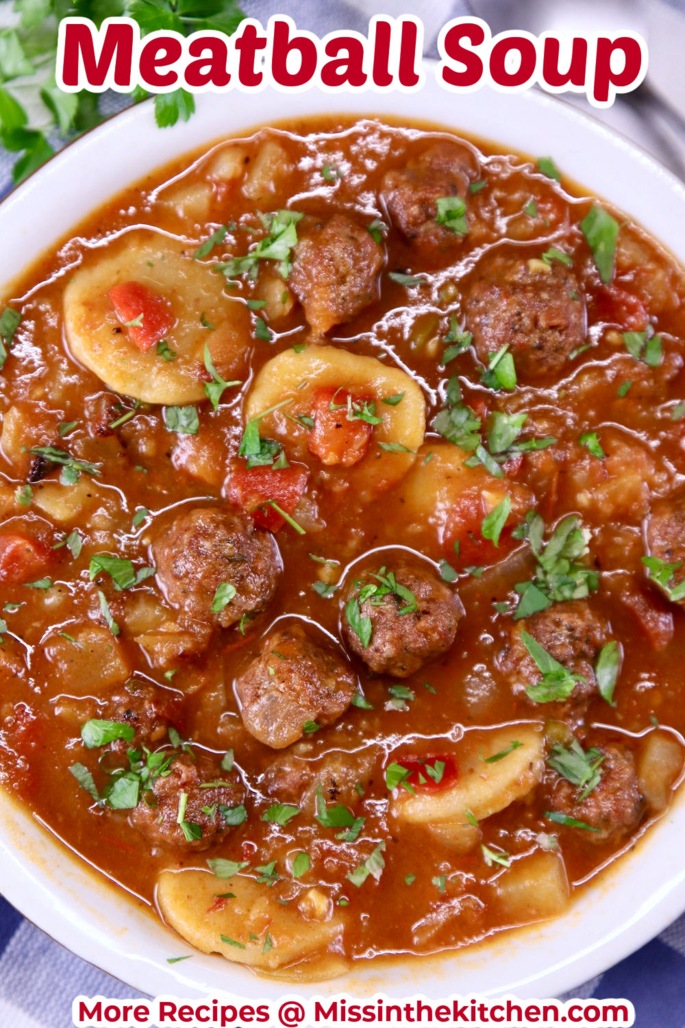 Meatball Soup in a bowl with text overlay