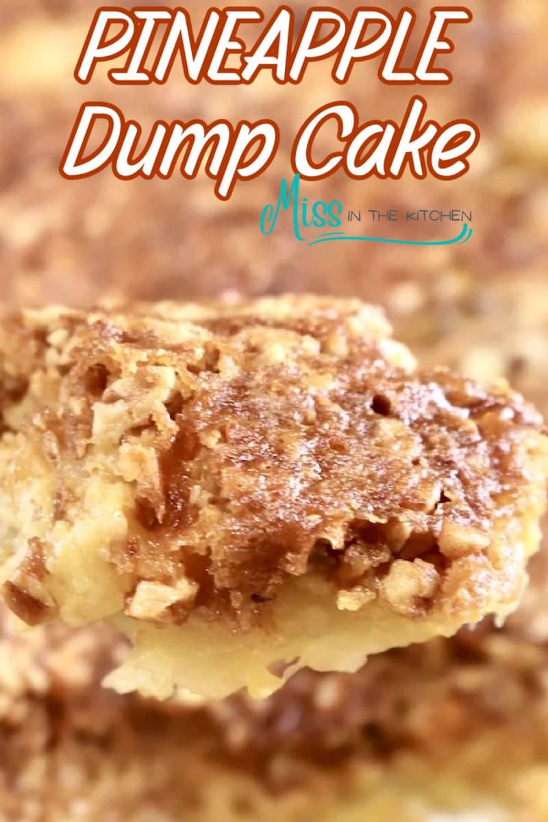 Scoop of pineapple dump cake. Text overlay.