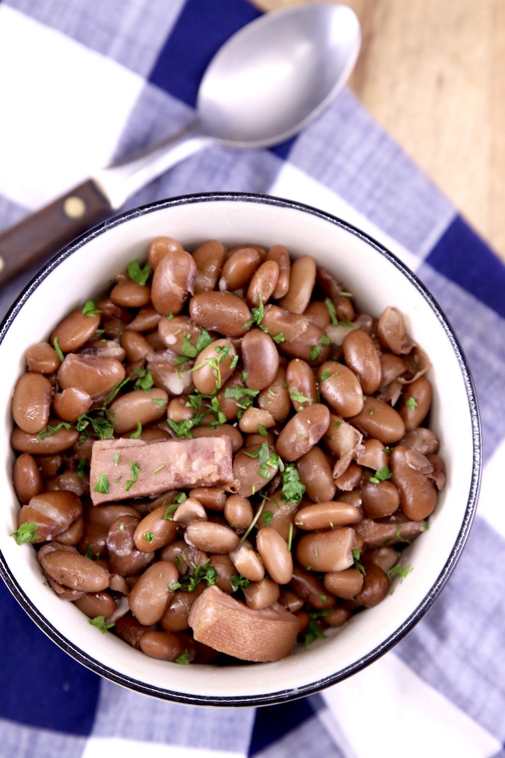 Pinto Beans with ham in a bowl with a spoon next to the bowl