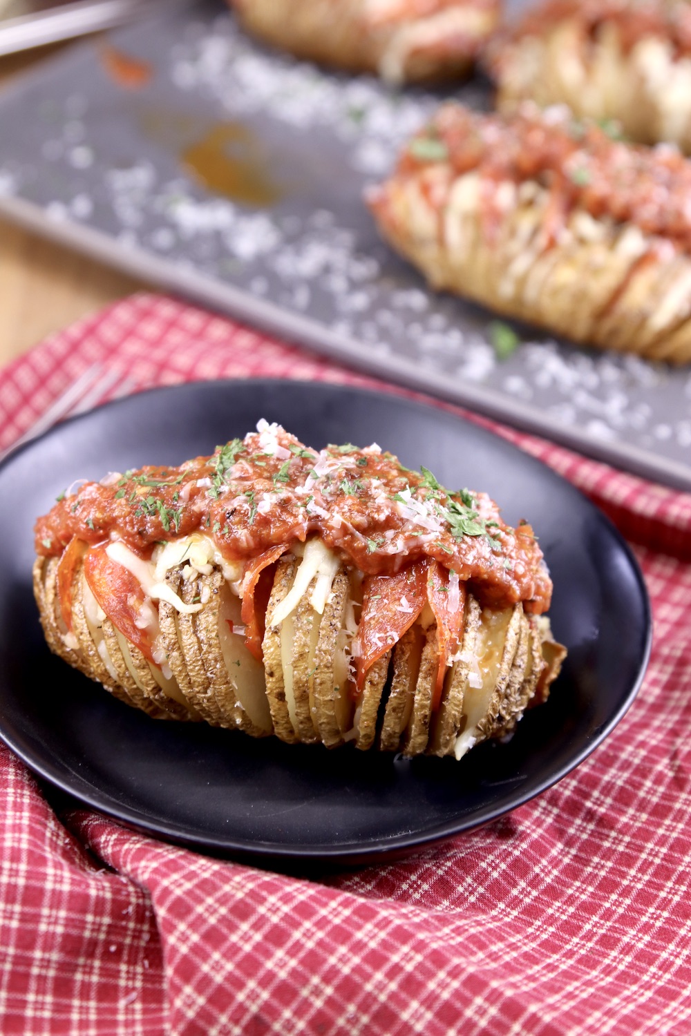 bowl with pizza stuffed baked potato