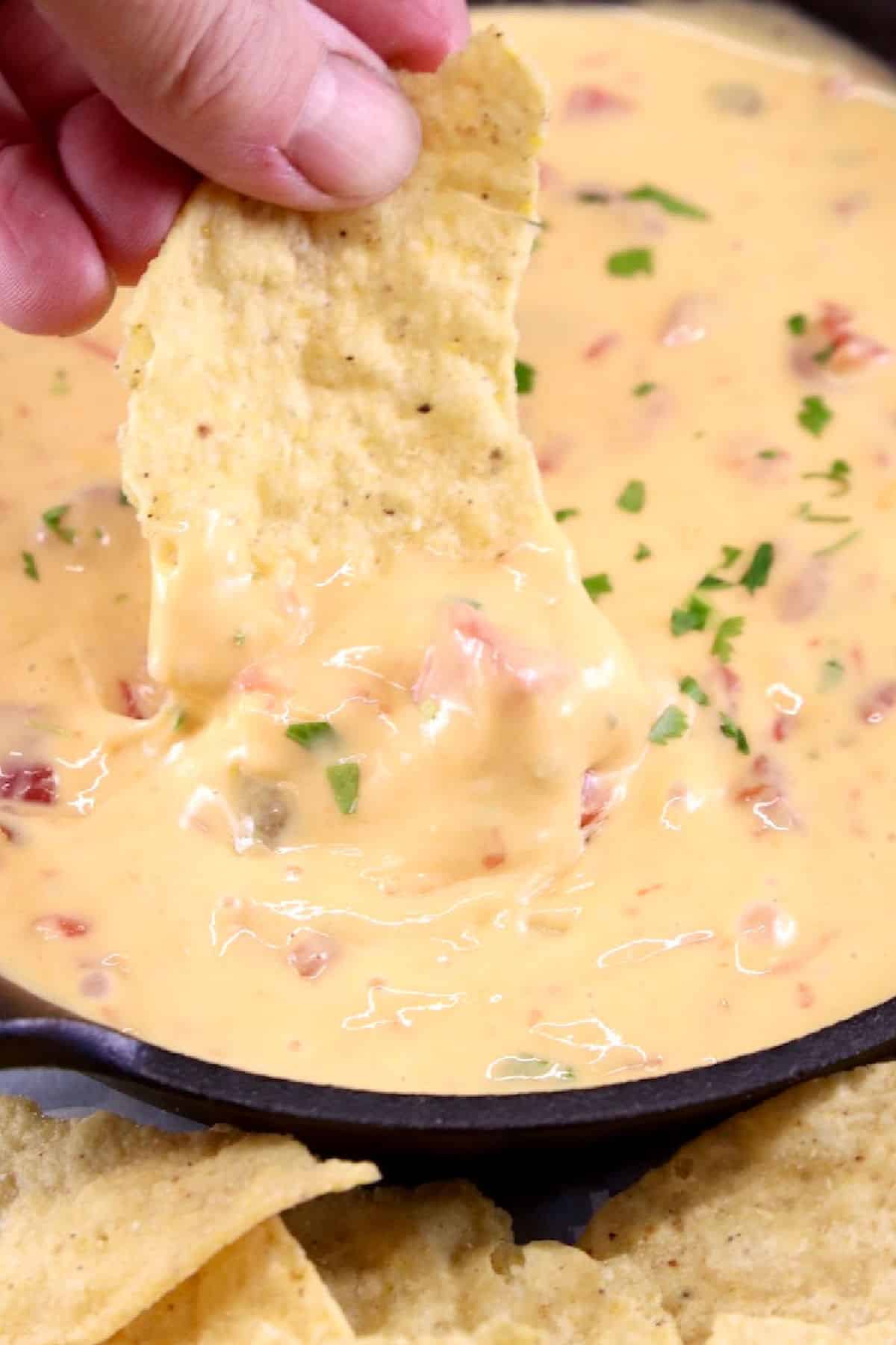 2 ingredient Velveeta cheese dip. Velveeta cheese dip with tortilla chip dipping.