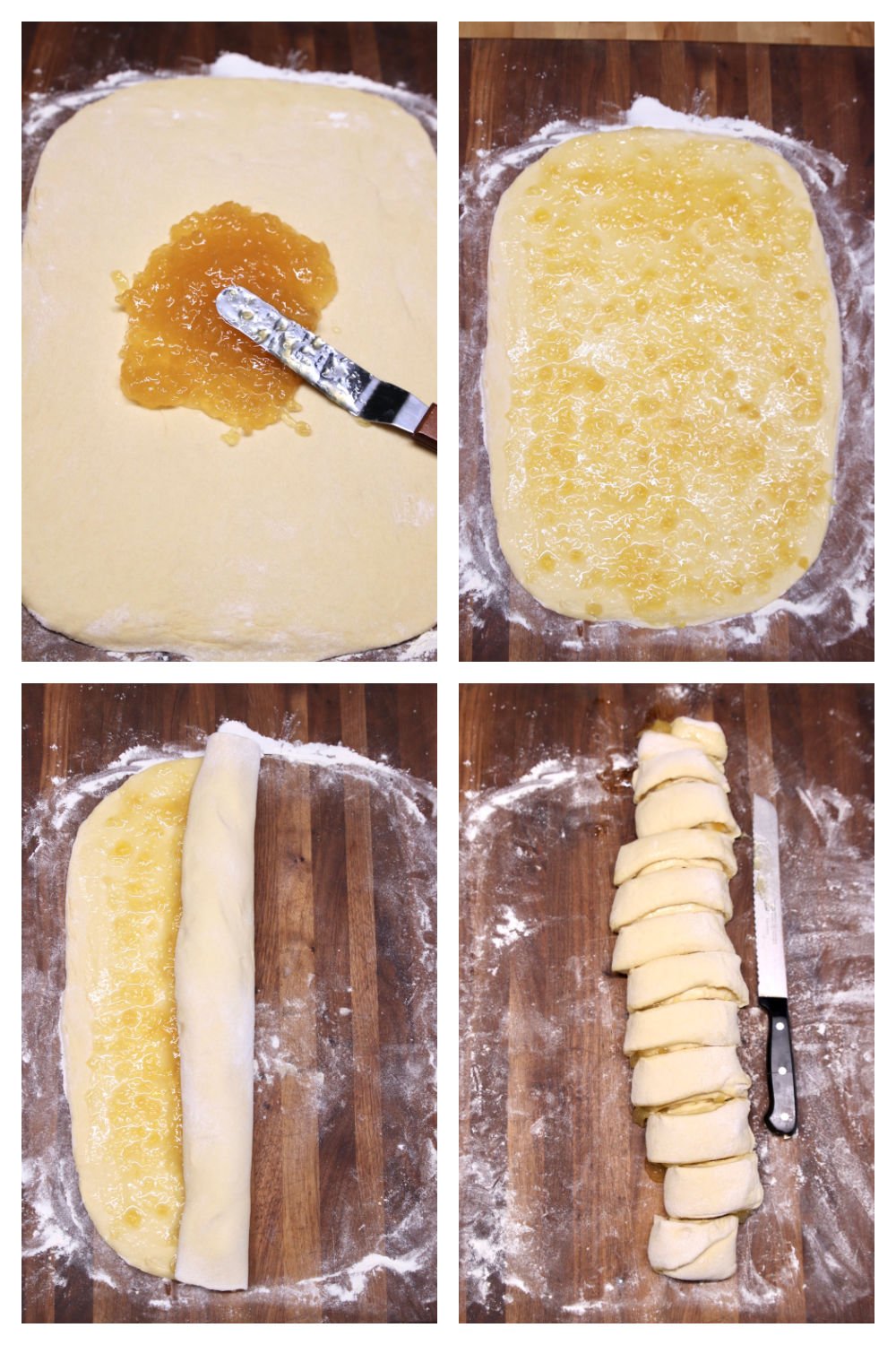 collage spreading preserves onto dough for sweet rolls. Rolling and slicing.