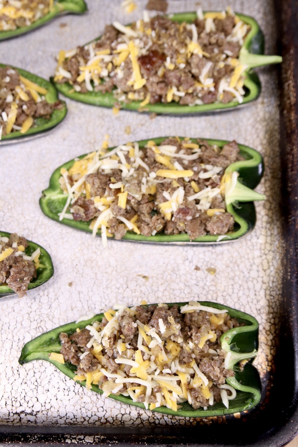 Sausage Stuffed Poblano Peppers on a sheet pan