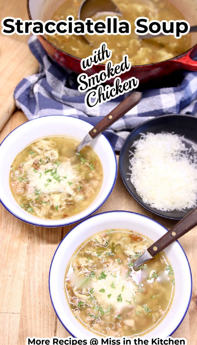 Stracciatella Soup in 2 bowls with text overlay
