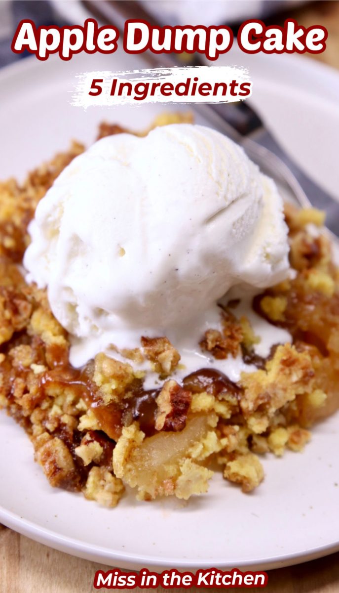 Apple Dump Cake with vanilla ice cream, text overlay