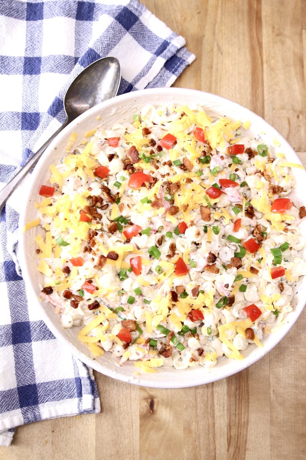 bowl of pasta salad with a serving spoon to the side on a blue check towel