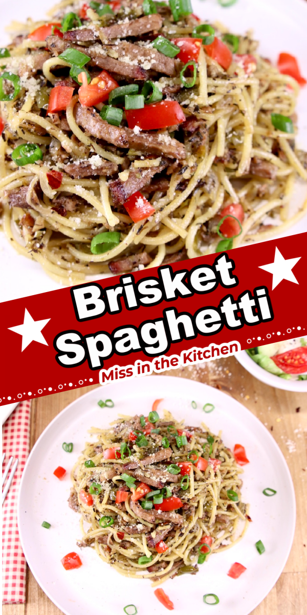 brisket spaghetti collage - close up and plated- overhead view