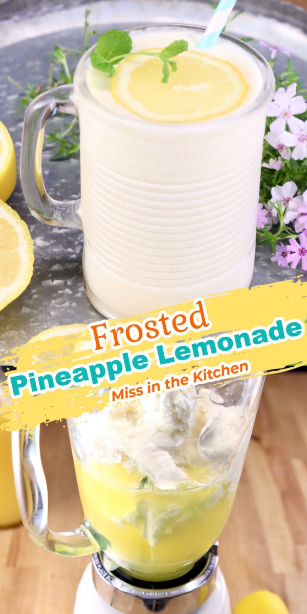 frosted pineapple lemonade collage. Served in a glass and in blender
