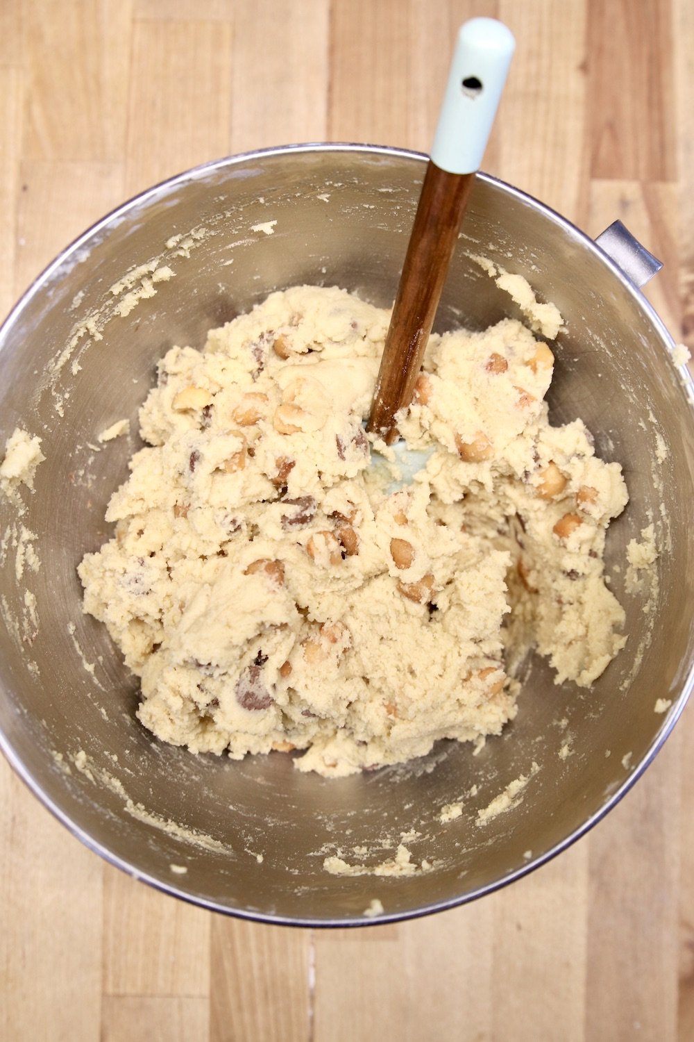 cookie dough in a bowl with chocolate chips