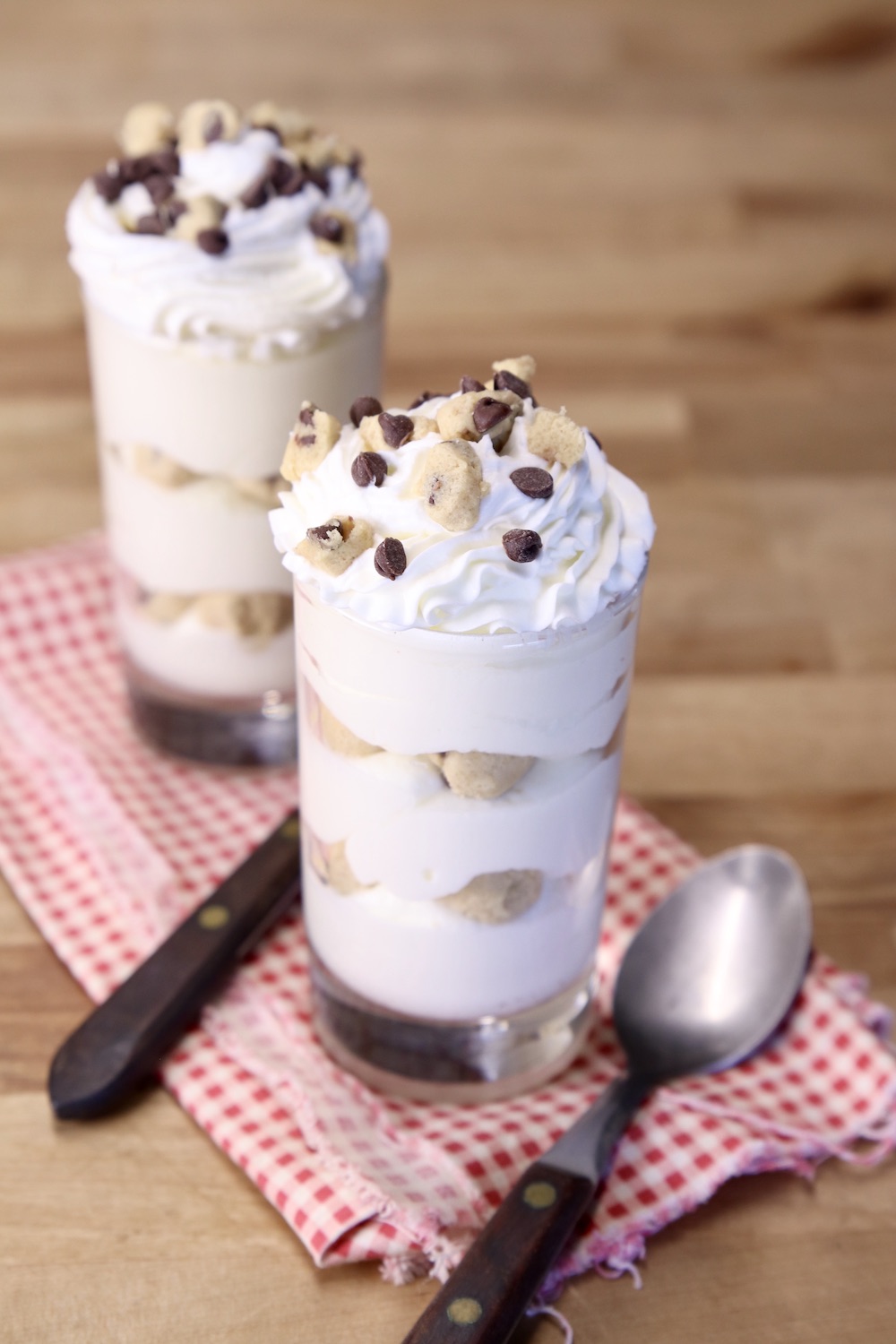 No Bake Cookie Dough Cheesecake with spoons on a napkin