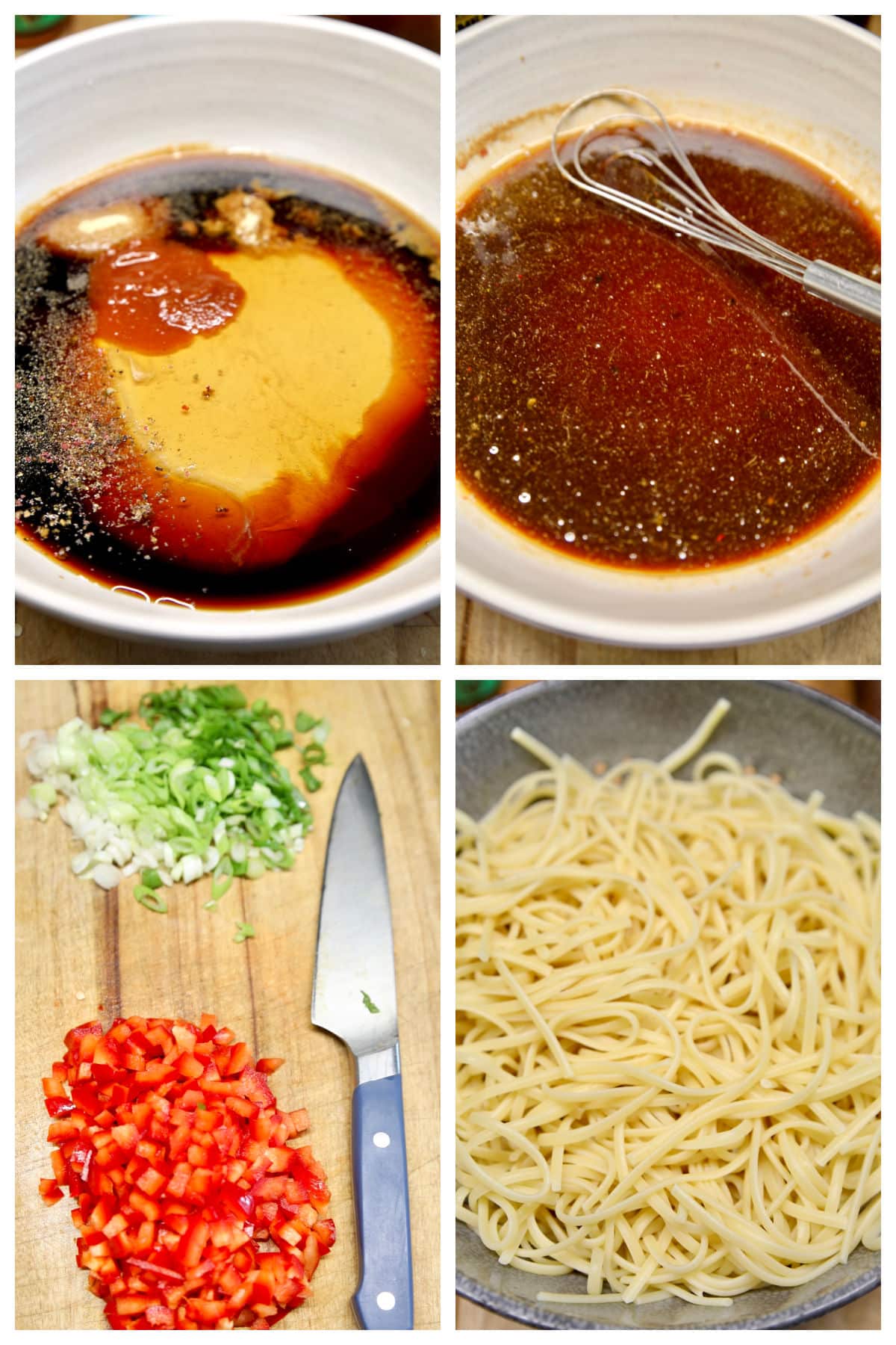 Collage making sesame dressing, chopping onions, red bell peppers, drained pasta.