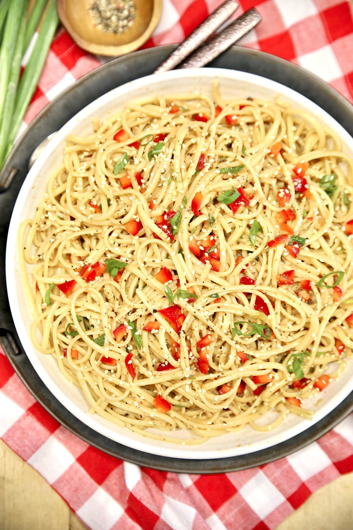 Sesame Pasta Salad that is ready in 15 minutes. Sesame Pasta Salad on a red check napkin.